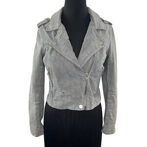 SL8 Gray Suede Leather Short Moto Jacket Asymmetric Zip Collar Pockets Rocker S